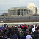 The Phanatic (l., green) looks on in horror as Veterans Stadium implodes in 2004.